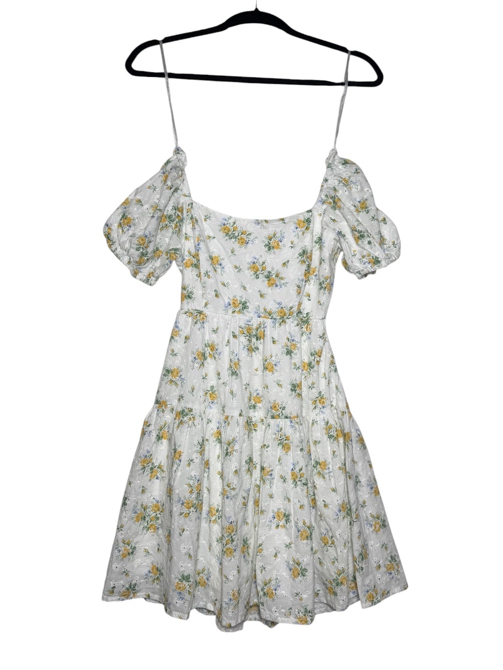 Jessica Simpson White Floral Mini Dress Eyelet Puff Sleeve Size XS Cottagecore